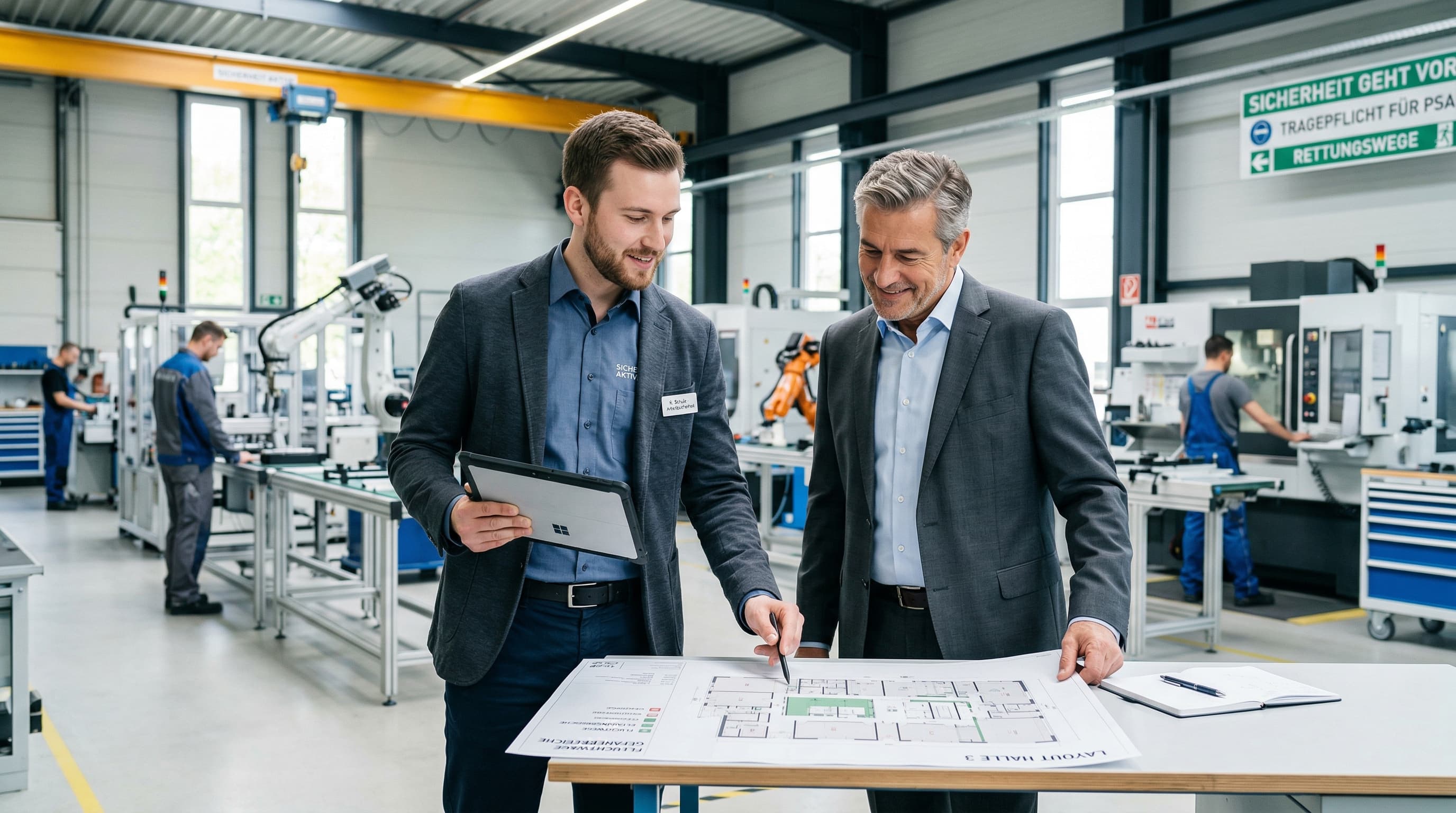 Kompetente externe Fachkraft für Arbeitssicherheit berät Unternehmer im Betrieb