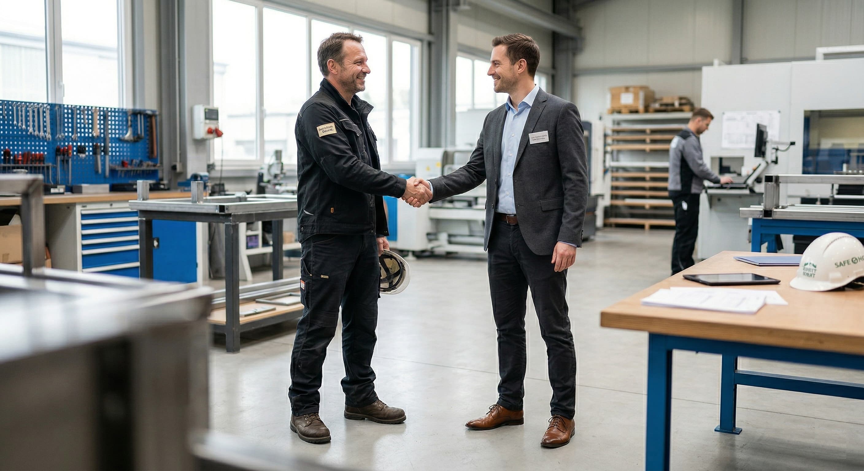 Exklusive Partnerschaft: Handwerker und Fachkraft für Arbeitssicherheit und Datenschutz im gemeinsamen Gespräch